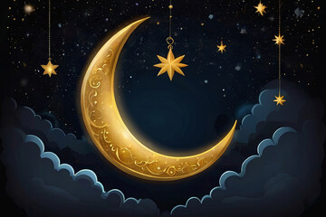 Obraz na płótnie Canvas Golden crescent moon, stars, and clouds adorn the dark night sky in this mesmerizing background image.
