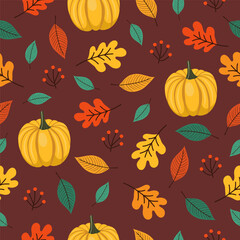 Seamless pattern with autumn Leaves, acorns and oak leaves for wallpaper, gift paper, pattern fills, textile, fall greeting cards.