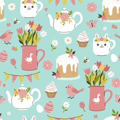 Seamless pattern with spring and Easter items. Vector graphics