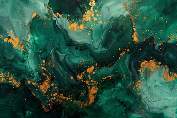 
acrylic painting style abstraction in deep green colors with gold accents