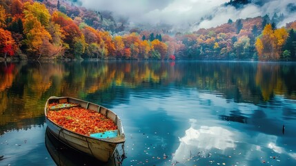 Colorful autumn landscape.Nature background.Boat on the lake in the autumnal forest