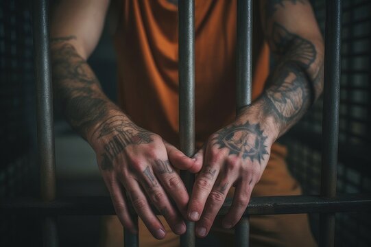 Harsh wild prisoner, a criminal maniac with tattoos, grabs behind bars
