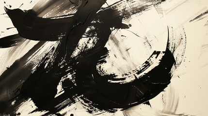 Aggressive black brush strokes give a sense of forceful motion against a clean white background