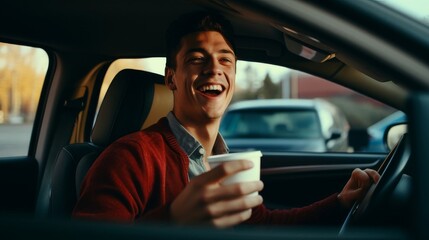 Portrait of a laughing man drinking coffee from a disposable cup while driving a car