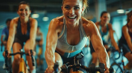 indoor cycling, spin class, fitness, energetic, women, workout, exercise bikes, active lifestyle, cardio workout, health, motivation, gym, training, smiling, enjoyment, physical fitness - obrazy, fototapety, plakaty