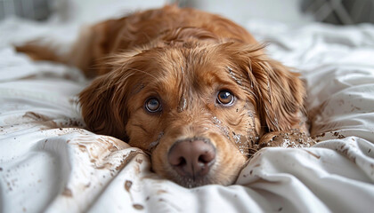 Funny dog and its dirty trails on white sheets bed at home. Dirty dog with mud demolishes sheets