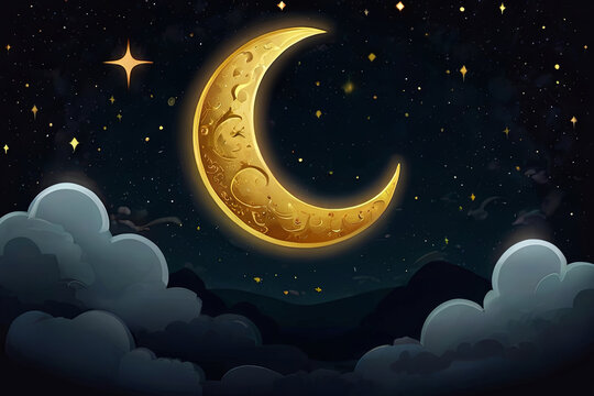 Golden crescent moon, stars, and clouds adorn the dark night sky in this mesmerizing background image.