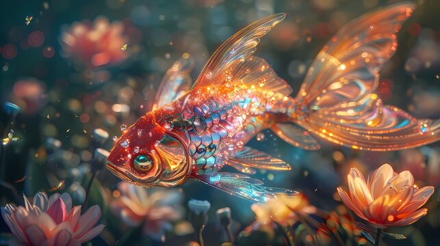 Digital technology crystal fish fantasy scene abstract graphic poster web page PPT background