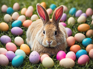 Easter bunny with many easter eggs on grass festive background