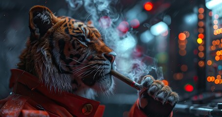 portrait of a tiger in mafia gear cigar in mouth - obrazy, fototapety, plakaty