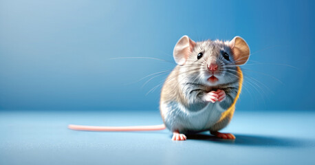 A close up of a mouse on a blue background with copy space.