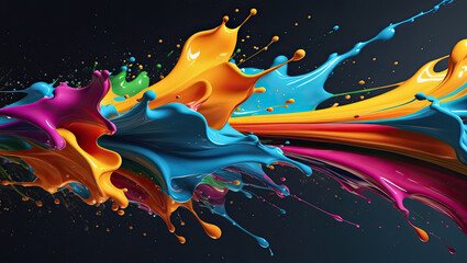 Abstract splash of paint and ink of various colors on a dark background