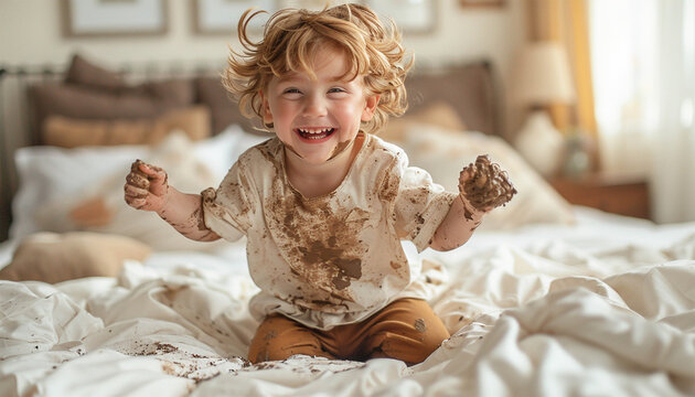 A cute little boy child is laughing as he plays on white bed in the mud and rubs dirt on his face with his hands. Dirty child on white sheets at home. Having fun - Powered by Adobe