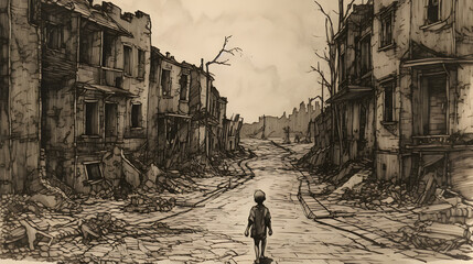 an old drawing of a boy walking on a street