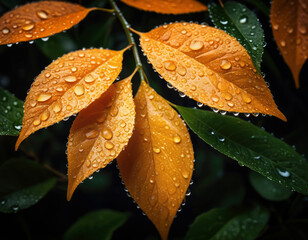 Green and orange leaves with beautiful rain or dew drops