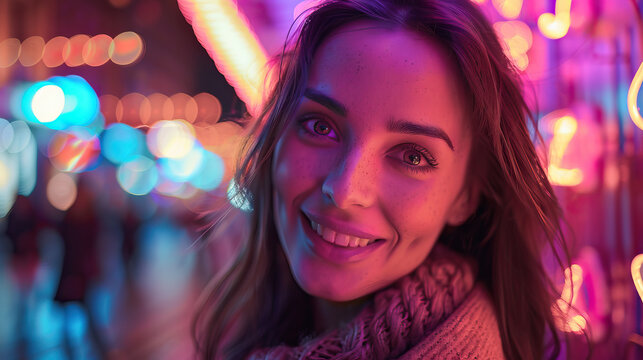 Portrait photography, close-up, modern, macro, isolated, attractive woman smiling on a busy city street with iridescent neon lights during a street party
