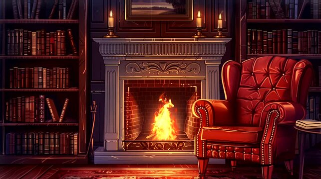 Leather armchair by the fireplace with bookshelf. Vintage old timey effects looping 4k video animation background