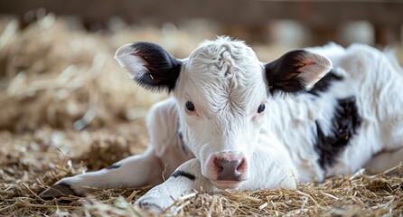 Obraz premium cute baby cow sitting in farm