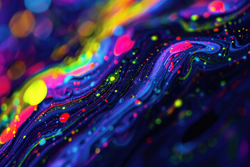 close up horizontal image of abstract dark waves background with glowing fluorescent spots and and drops - obrazy, fototapety, plakaty