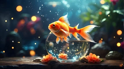 Fotobehang Bokeh background featuring a gorgeous magical goldfish in a fantasy setting. digital artwork © Ashan