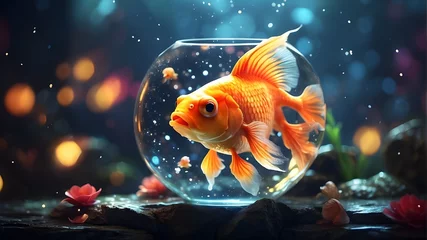 Fotobehang Bokeh background featuring a gorgeous magical goldfish in a fantasy setting. digital artwork © Ashan