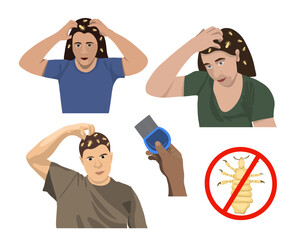 Obraz premium Vector isolated illustration of pediculosis disease set. People with pediculosis.