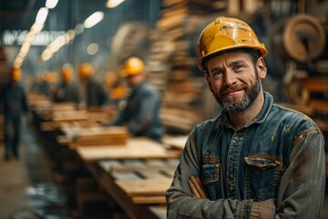Happy male professional carpenter wearing hard hat in woodworking workshop, carpentry factory and looking at camera, selective focus - obrazy, fototapety, plakaty