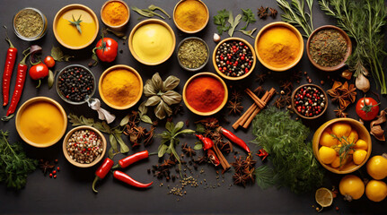 Obraz na płótnie Canvas Colorful herbs and spices for cooking. On a black background. View from above
