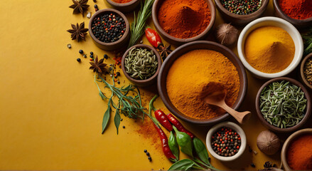 Colorful herbs and spices for cooking. On a yellow background. View from above