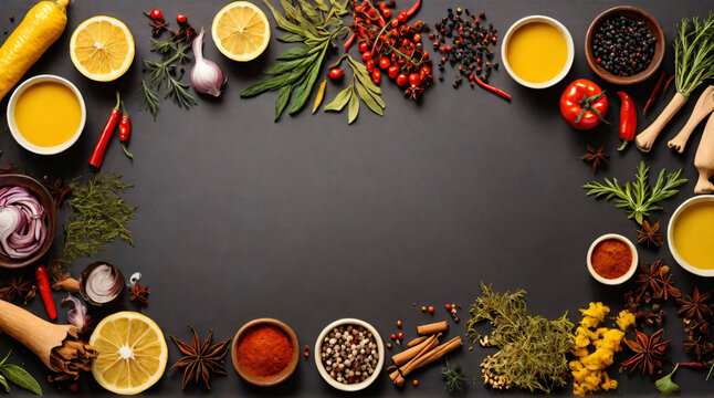 Colorful herbs and spices for cooking. On a black background. View from above