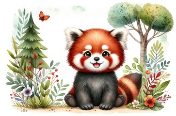 A cute Red panda clipart , woodland theme, watercolor clipart, Perfect for nursery, isolated on white background