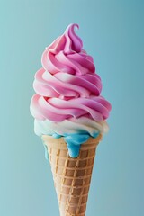 Soft Serve Ice Cream Cone with Colorful Swirls of Pink and Blue Syrup on Light Blue Background