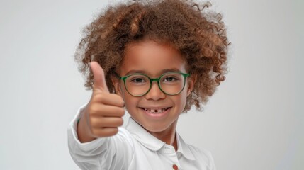 A cute smiling girl with curly hair, wearing glasses and a school uniform, shows a thumbs up gesture on a white background with a copy space. Children, schoolchildren, Clothing advertising concepts.