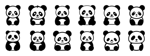 Obraz premium Panda silhouettes set, large pack of vector silhouette design, isolated white background.