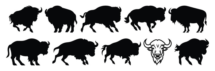 Bison buffalo silhouettes set, large pack of vector silhouette design, isolated white background