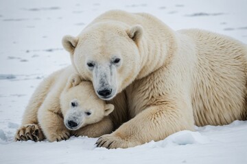 Polar bears (Ursus maritimus), polar bear mother and young sleeping in the snow