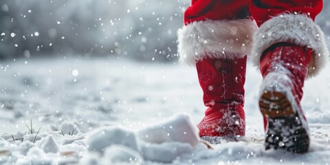 Banner of Santa Claus's boots, walking in fresh snow, copy space for holiday messages