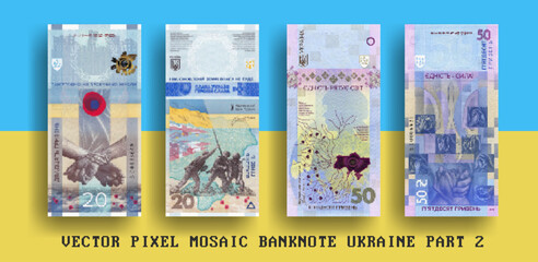 Vector set pixel mosaic banknotes of Ukraine. Collection notes in denominations of 20 and 50 hryvnia. Obverse and reverse. Play money or flyers. Part 2