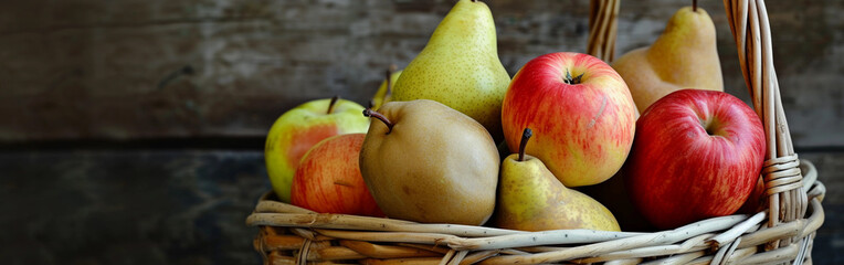 Fresh Orchard Fruits in Wicker Basket - obrazy, fototapety, plakaty