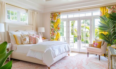 Bright and airy bedroom in beach house with large windows and colorful decor