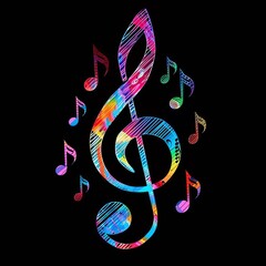 Colorful neon treble clef and music notes, isolated on a black background, representing vibrant music and rhythm
