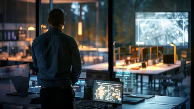 A male engineer, IT specialist for the implementation of disaster recovery plans and backup strategies conducts a cybersecurity consultation in the System Management Center near the project's hologram