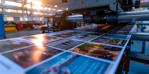 A machine is printing a magazine with a blurry background