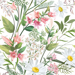 Seamless pattern with colorful flowers - Chamomilla, Campanula, Achillea Millefolium and grass isolated on white background. Hand-drawn illustrations of wildflowers.
