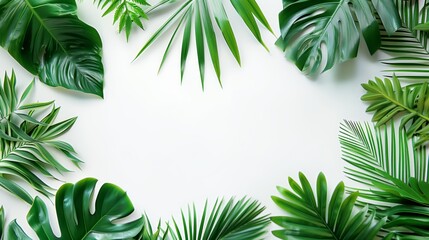 Fototapeta premium Tropical leaves border on a white background with copy space.