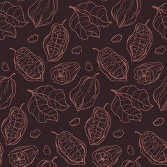 Cocoa plant pattern of rich chocolate color cocoa beans cocoa fruits and leaves drawn by hand