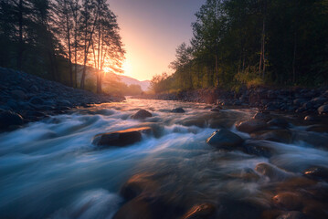 Beautiful fast river in mountain forest at sunrise