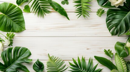 Tropical leaves border on a wood background with copy space.