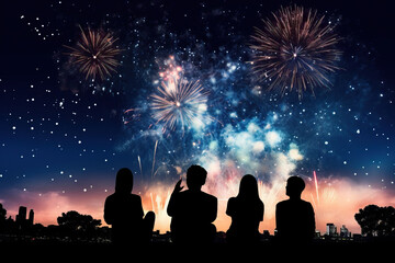 Fototapeta na wymiar Silhouettes of people watching fireworks at night.