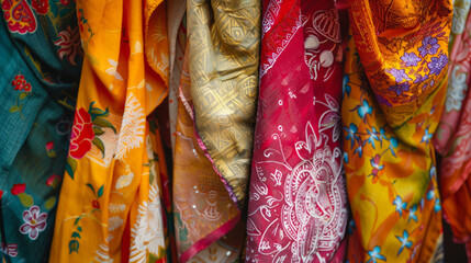 An array of colorful traditional sarees hanging, highlighting intricate patterns and rich cultural designs